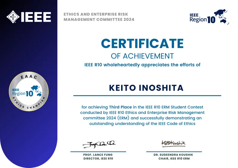 Certificate for IEEE R10 Ethics and Enterprise Risk Management Committee Student Contest