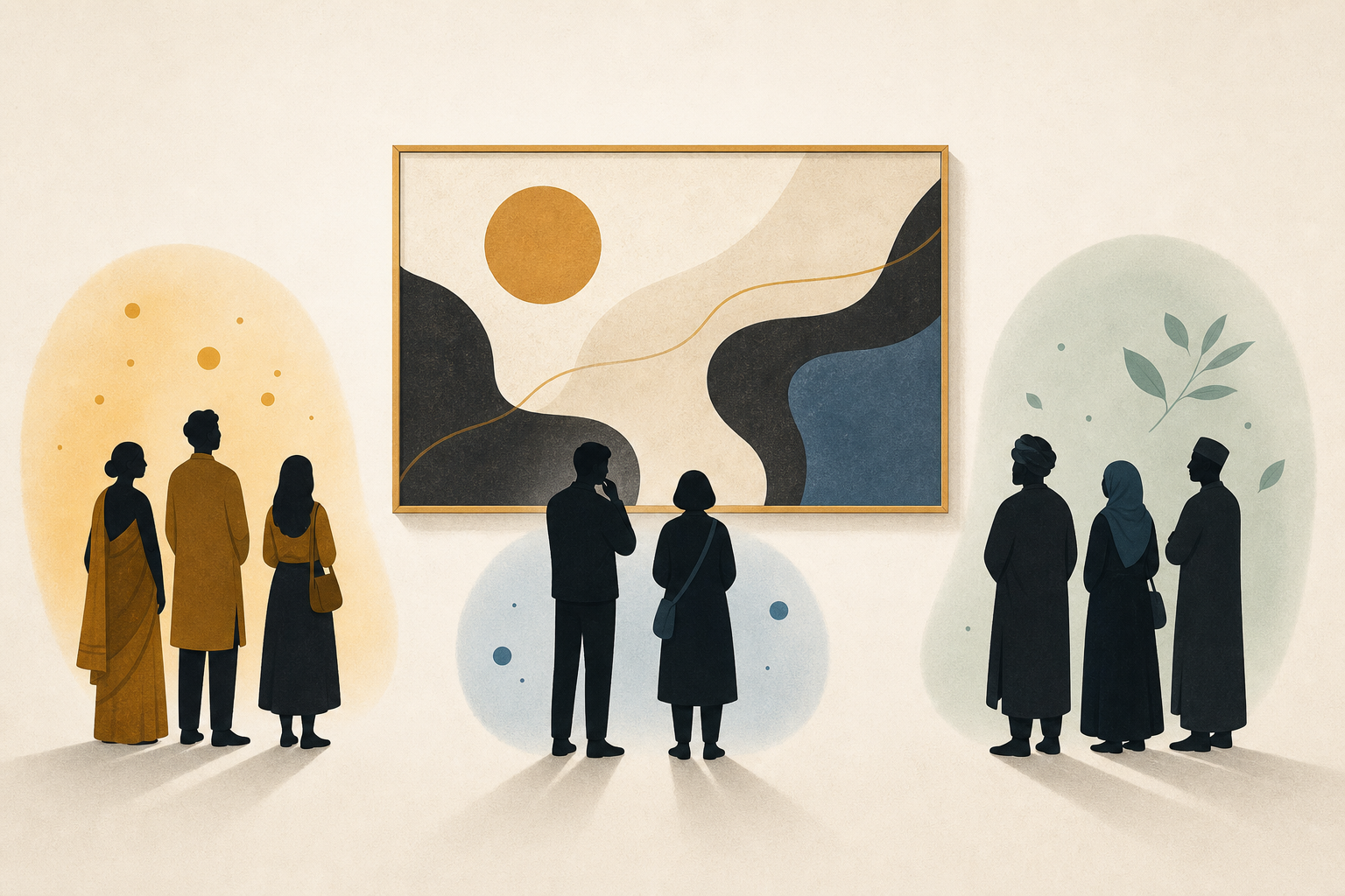 異なる文化的背景を持つ人々が同じ絵画を見ながら異なる感情反応を示す様子を抽象的に表現した図