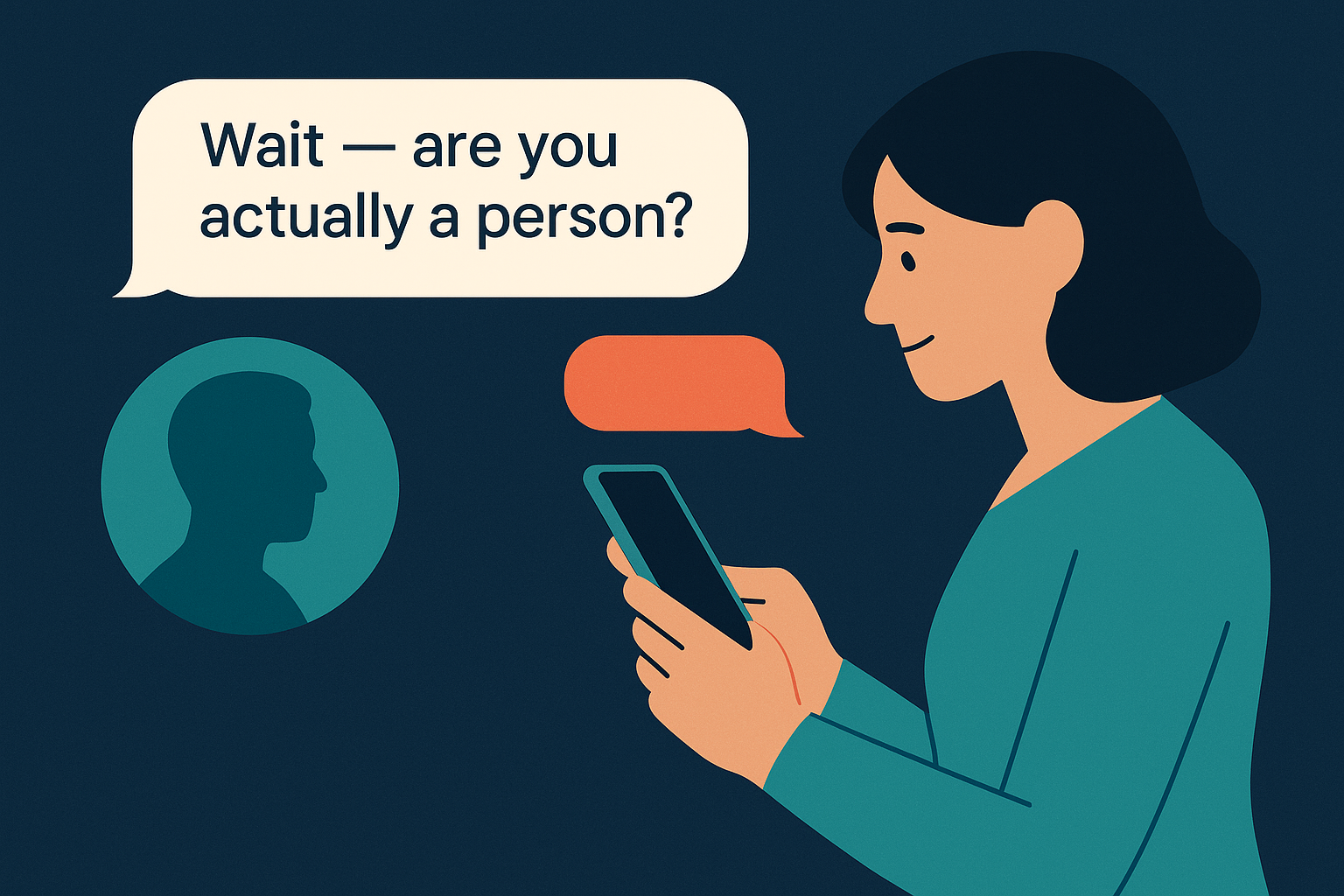スマートフォン画面に「あなたは人間ですか？」というメッセージが表示され、カウンセラーが困惑している様子のイラスト