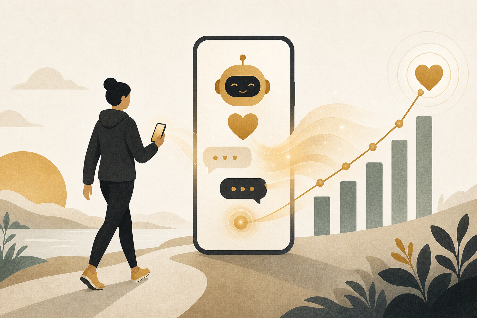 スマートフォン画面に表示されたチャットとハートのアイコンが柔らかく交差するフラットイラスト