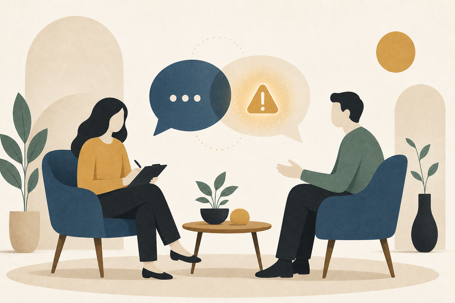 カウンセリングルームを模したイラスト。会話のバブルの中にそっと光るアラートアイコンが浮かんでいる。