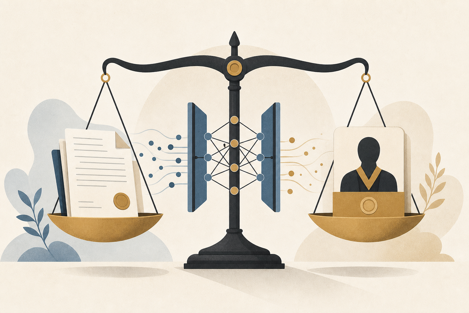 天秤と裁判官プロファイルが並ぶフラットイラスト。バイアスの可視化を表している