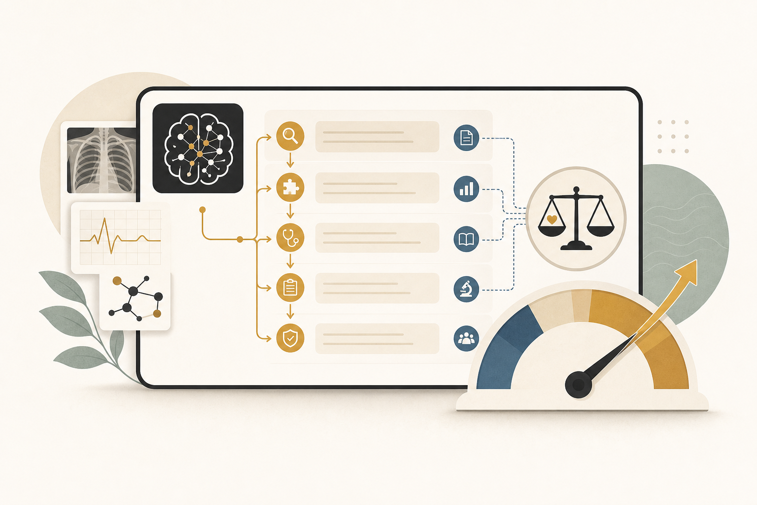 医療推論の各ステップが可視化されたフラットイラスト。根拠と結論が矢印でつながれている