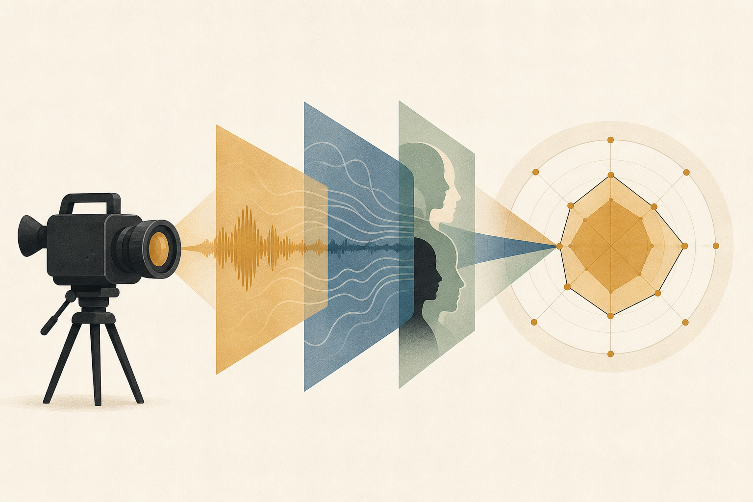 録画ビデオ面接の画面に、顔・音声波形・テキストの 3 つのデータストリームが重なるビジュアル