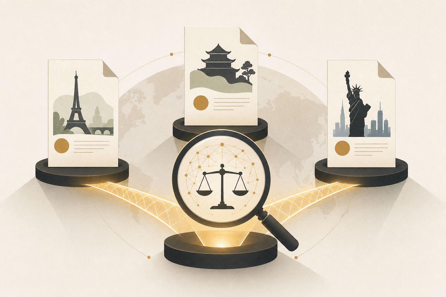 オーストラリア・英国・インドの国旗と契約書書類が重なるビジュアル。各管轄の法的ドキュメントが中央のAI解析エンジンに集約される様子