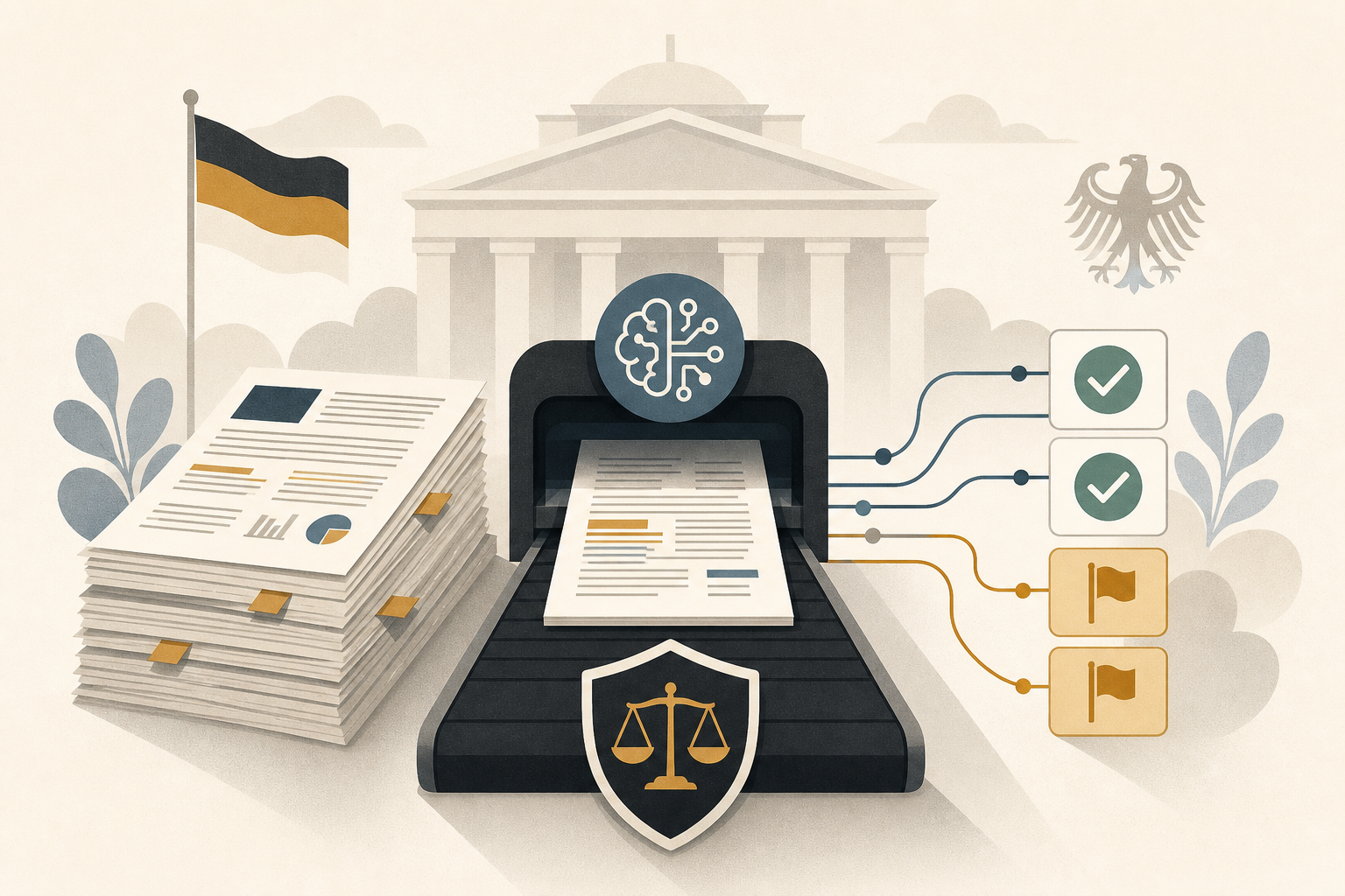 金融書類とAIのアイコンが組み合わさるフラットイラスト。ドイツ国旗カラーが背景にある