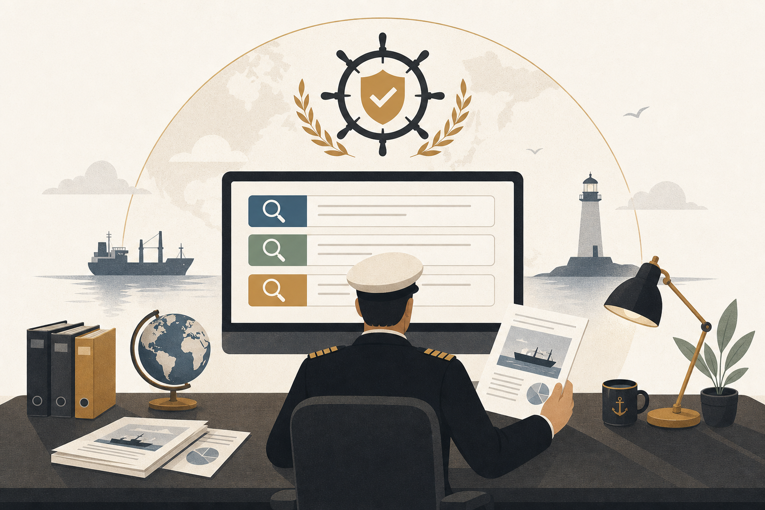A maritime safety officer at a workstation reviewing a stack of accident investigation reports, with a search interface on screen highlighting relevant case excerpts in three color-coded fields