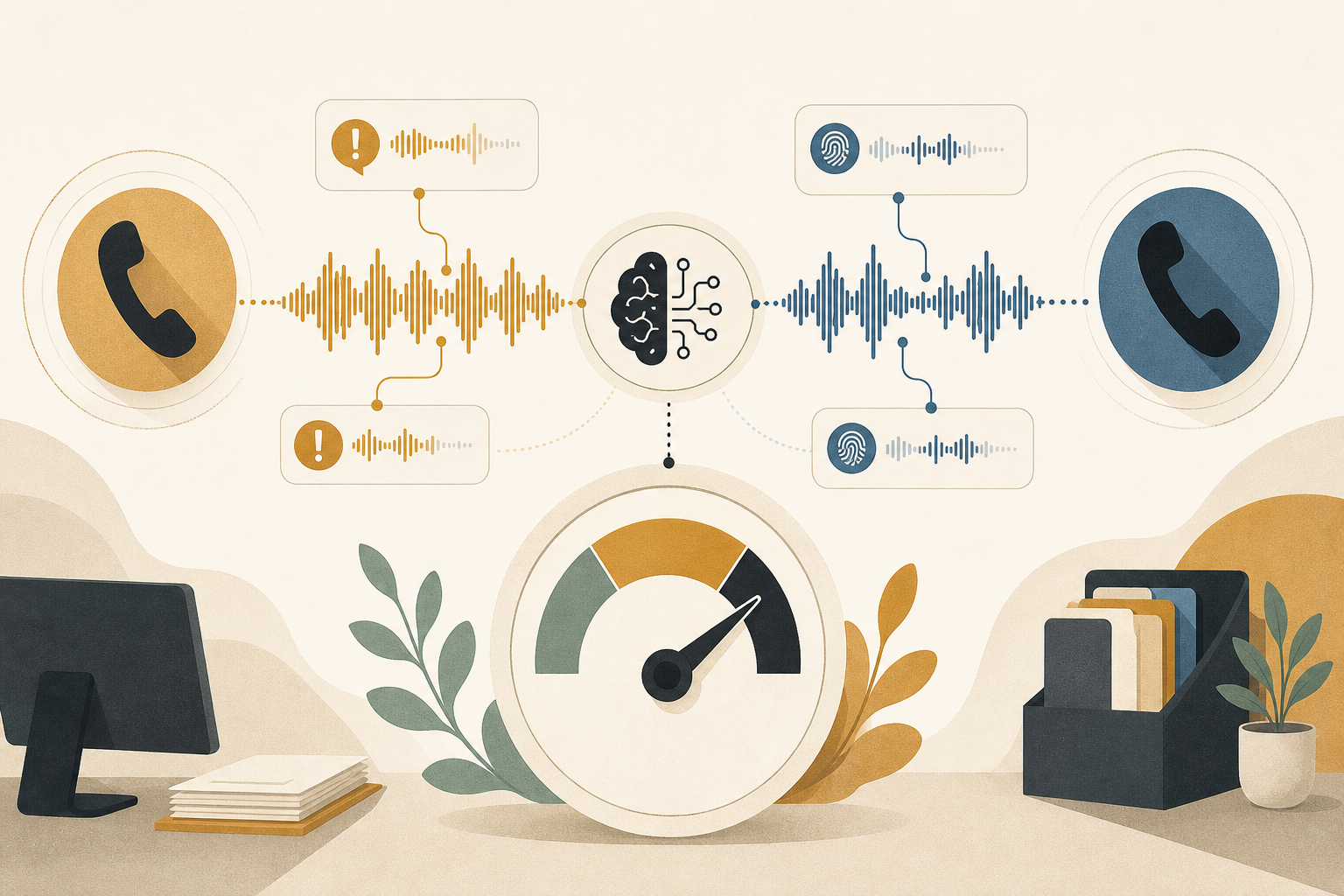 A phone call conversation visualized as dual-channel waveforms with NLP overlays flagging suspicious phrases and voice pattern matches feeding into a fraud risk score