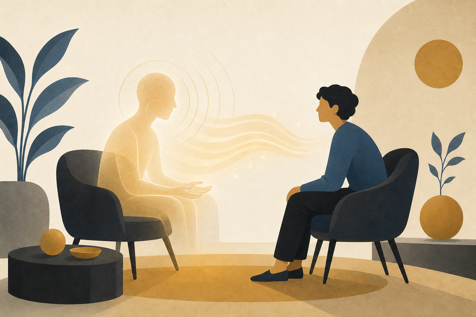 薄明かりの部屋で半透明のアバターが若い人と向き合い、うなずきと視線、そして顔から広がる波紋のような非言語シグナルが言葉なしに伝わっていく様子を描いたフラットイラスト
