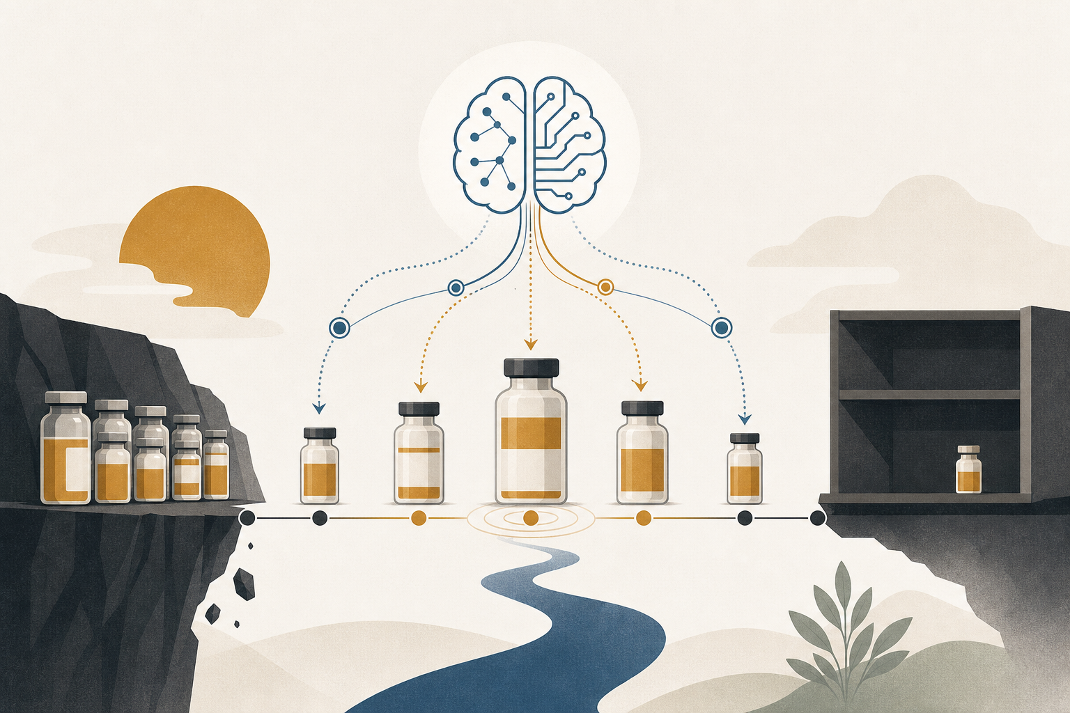 医薬品の補充サイクルとAIの判断を抽象的に表現したフラットイラスト