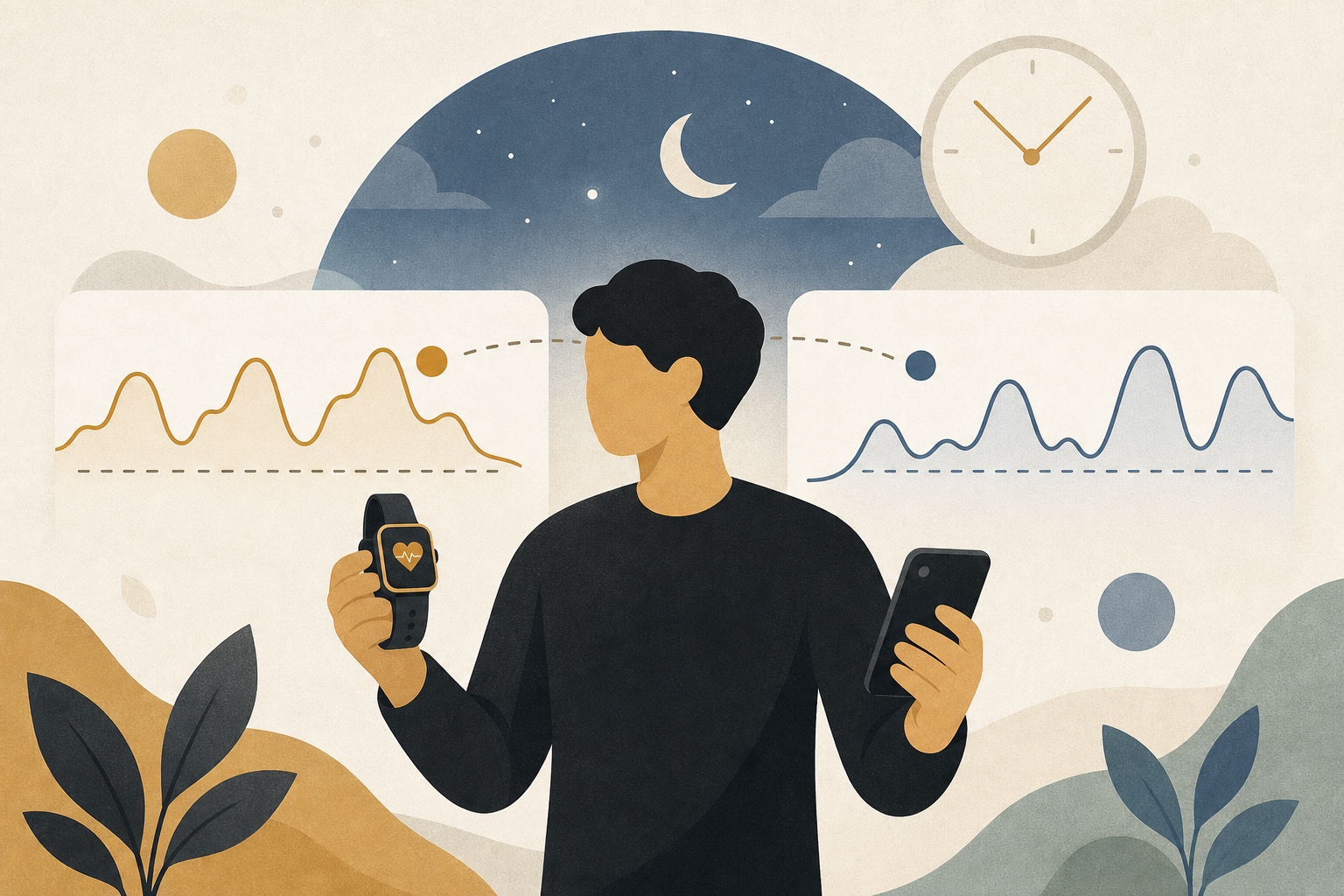 スマートウォッチとスマートフォンを持つ手、背景に感情の波形グラフが重なるフラットイラスト