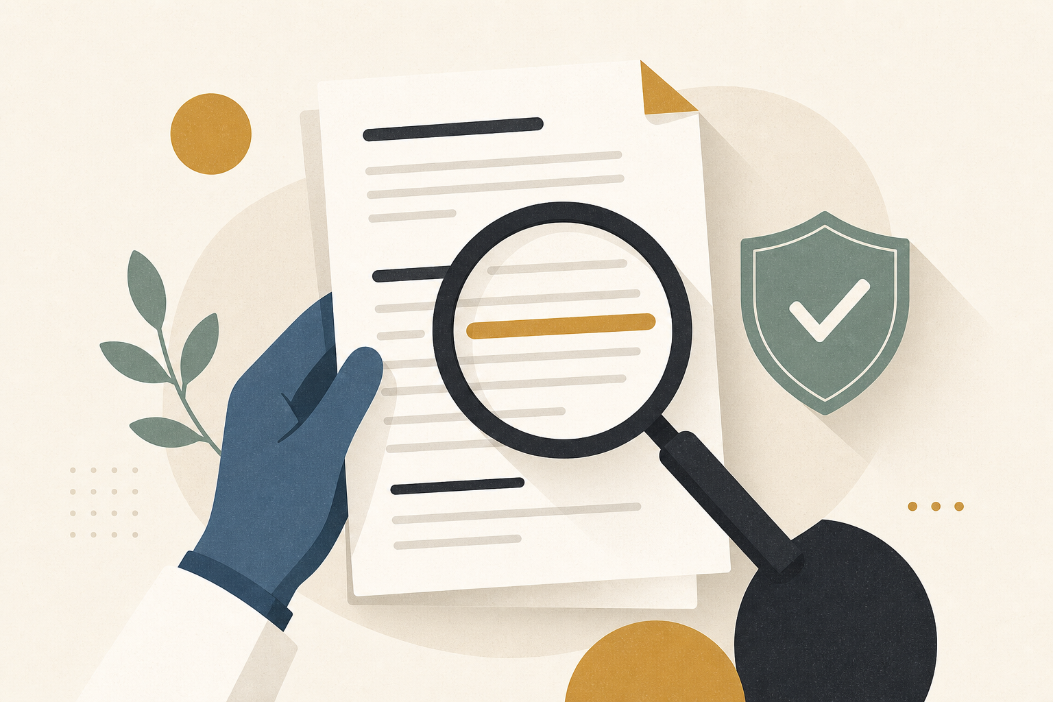 A medical professional's hand holding a printed NHS guideline document, with a magnifying glass hovering over a highlighted line of text, and a green checkmark shield icon beside it