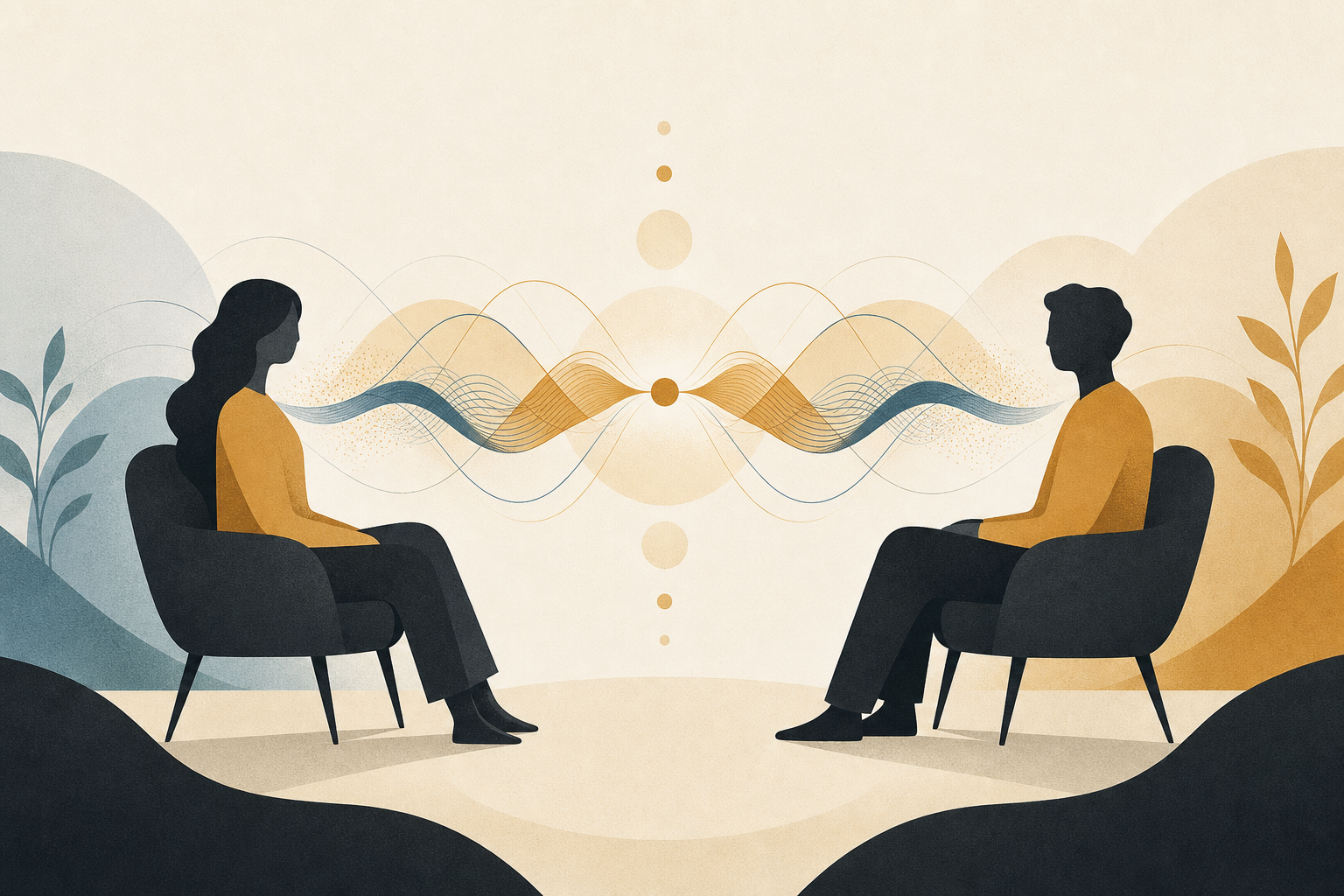 2人が向き合って話している場面。それぞれの音声波形が徐々に同じリズムに近づいていくイメージ