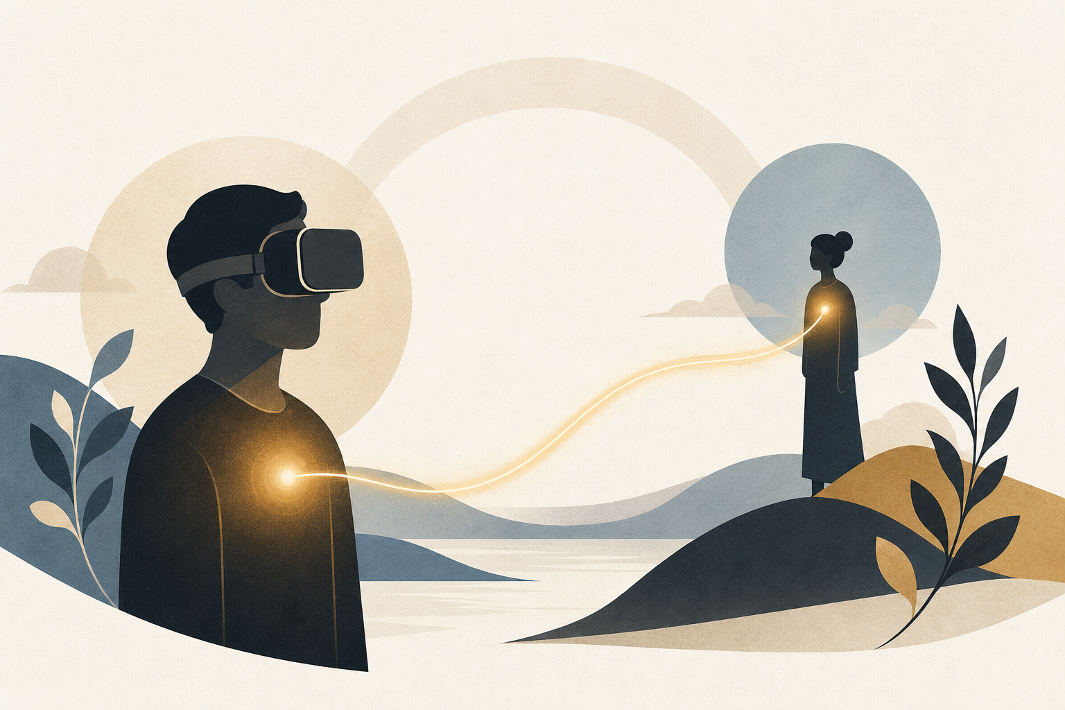VRヘッドセットを装着した人物の顔から感情データが検出され、バーチャルキャラクターとの感情ループを形成する抽象ビジュアル
